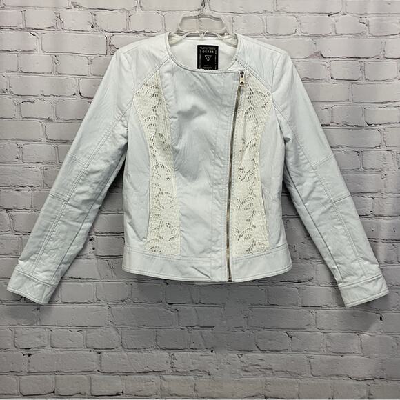 Guess Moto Jacket Women's Size M White Vegan Leather Lace Inserts Asymmetrical - Picture 9 of 10